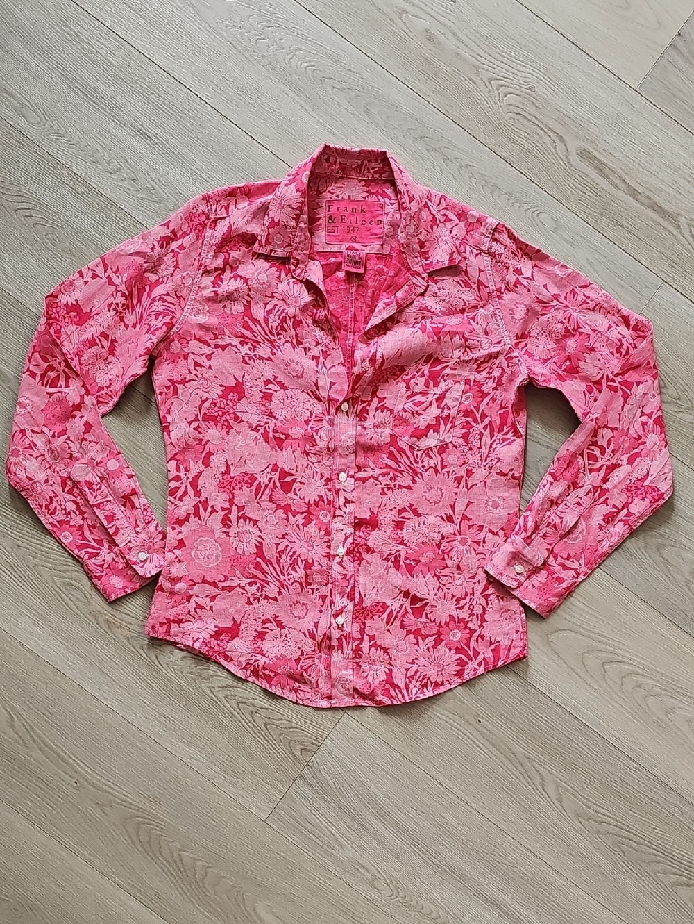 Frank & Eileen Linen Barry Tailored Button Up Art Deco Bright Floral Shirt, Med